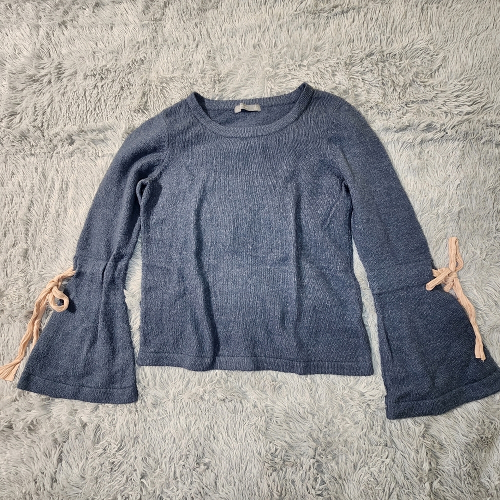 Octavia Blue Pink Ties Bell Sleeve Crewneck Sweater